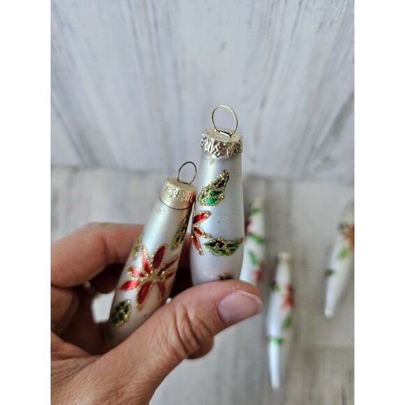 Vintage poinsettia glass teardrop ornament mini Xmas set tree - Picture 3 of 8